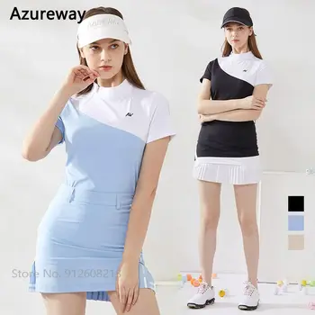 Azureway Feminina Manga Curta Golf T-shirt Senhora de Retalhos Casual Tops Mulheres Desporto Plissado Saia de Uma linha de Tank Ternos de Vestuário de Golfe