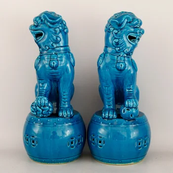 Chinês Antigo Par Marcada De Azul Do Esmalte Da Porcelana Fengshui Leão Foo Cães Fu Estátuas De Decoração Sala De Estar Escultura