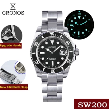 CRONOS Automático Relógio de Mergulho Homens Premium SW200 Swiss Relógio Mecânico Safira 200M Impermeável Relógio BGW-9 Azul Completo Luminosa
