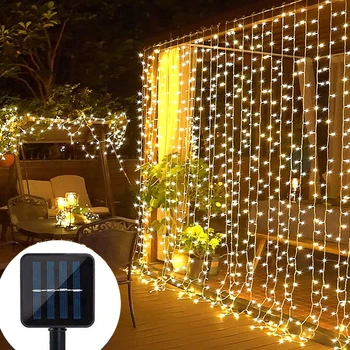 LED Lâmpada Solar Exterior Impermeável da Cortina de Luzes Garland fio de Cobre Luzes de Fadas Festa de Casamento de Jardim Quintal Decoração de Natal