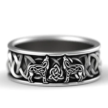 Moda vintage anel dos homens Celta lobisomem anel dois lobos animal padrão forma de anel de hip-hop e punk anel festa de aniversário de jóias