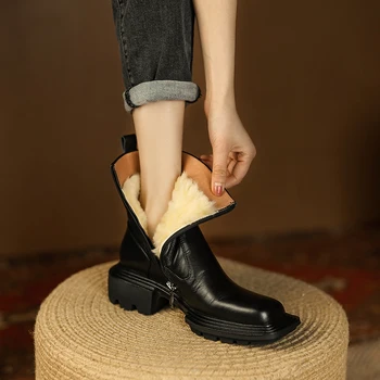O inverno das Mulheres de Lã Grossas Botas Quentes 2022 Preto de Couro Sapatos de Plataforma Zíper Ankle Boots de Moda Praça Sapatos