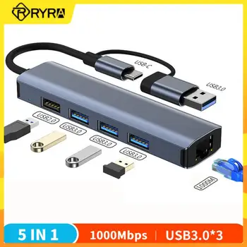 RYRA USB Ethernet USB3.0 Tipo C Lan 1000Mbps RJ45 Multi-porta Divisor de Adaptador Para a Lenovo Xiaomi Macbook Acessórios para PC Hub USB