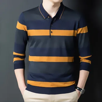 Ymwmhu Nova Moda Homens de Camisa de Polo de Manga Longa, Botão Colar de Outono e Inverno Camiseta Listrada Slim Fit Roupas coreano Camisa Polo